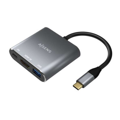 Conversor 3 en 1 - USB-C a HDMI + USB-C +Tipo A USB 3.0 - 15cm - Aisens - Color Gris