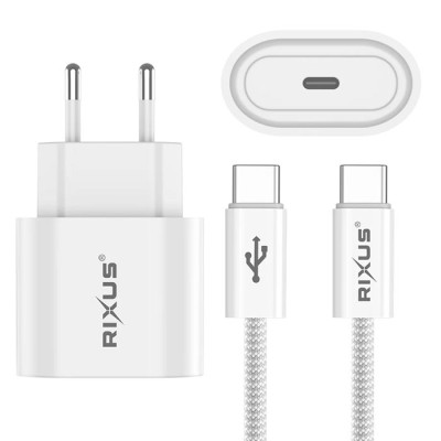 Rixus RXHC20C Fast Charger USB-C to USB-C Cable | 180CM | 20W | White