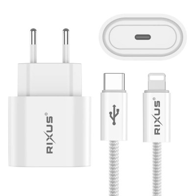 Carregador rápido Rixus RXHC20C USB-C para Cabo Lightning | 180CM | 20W | Branco
