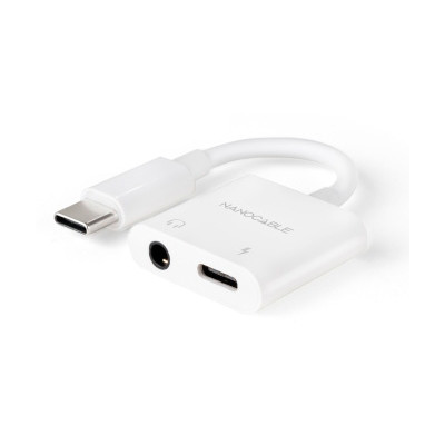 Nanocable Conversor USB-C Macho a 1x Jack 3.5 / Hembra + USB-C / Hembra - PD 60W - Blanco